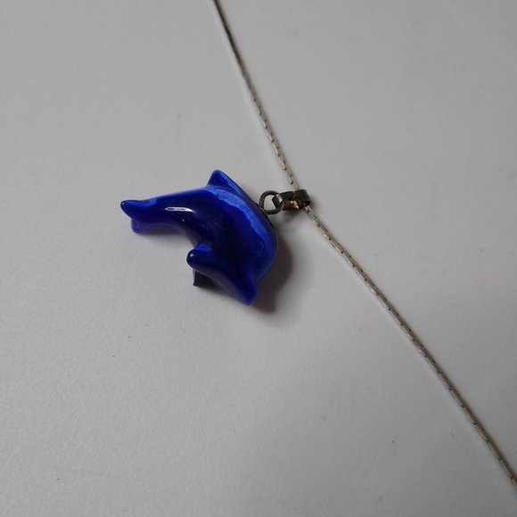 Glass Blue Dolphin Pendant Necklace 15.5 Inches - Picture 7 of 16